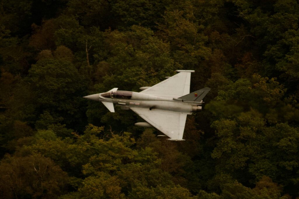 Fighter jet soars above lush English forest, showcasing aviation prowess.