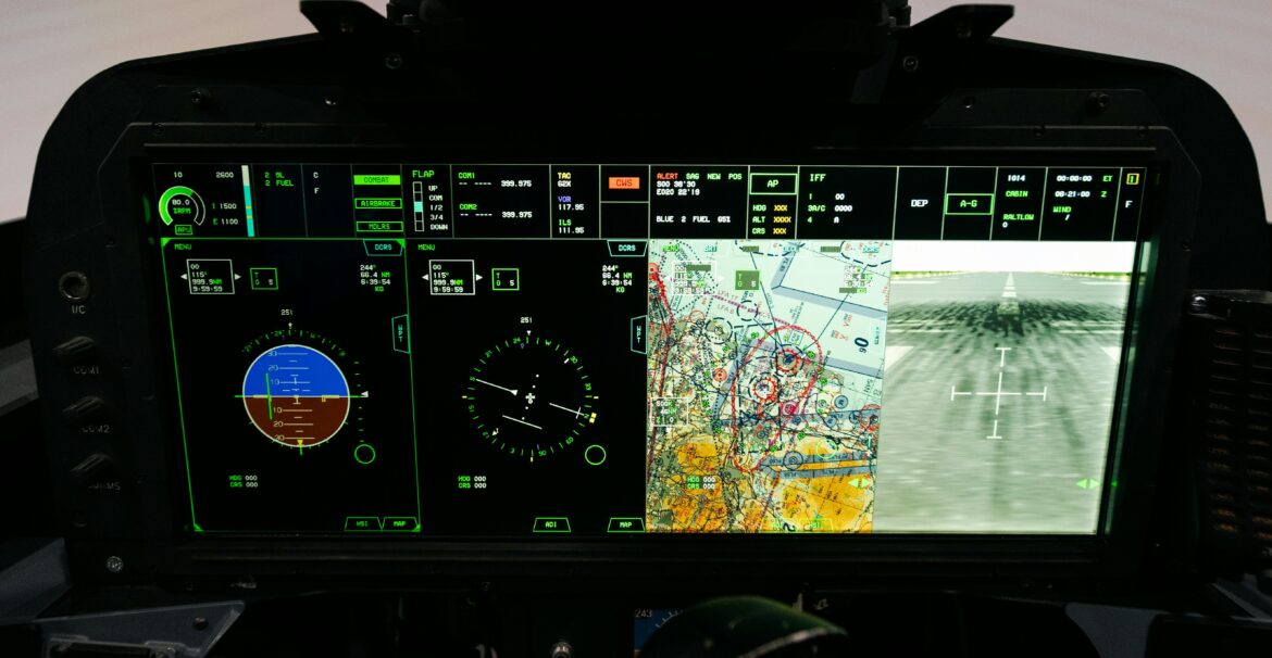 Digital cockpit screen with navigation and flight data for advanced training.