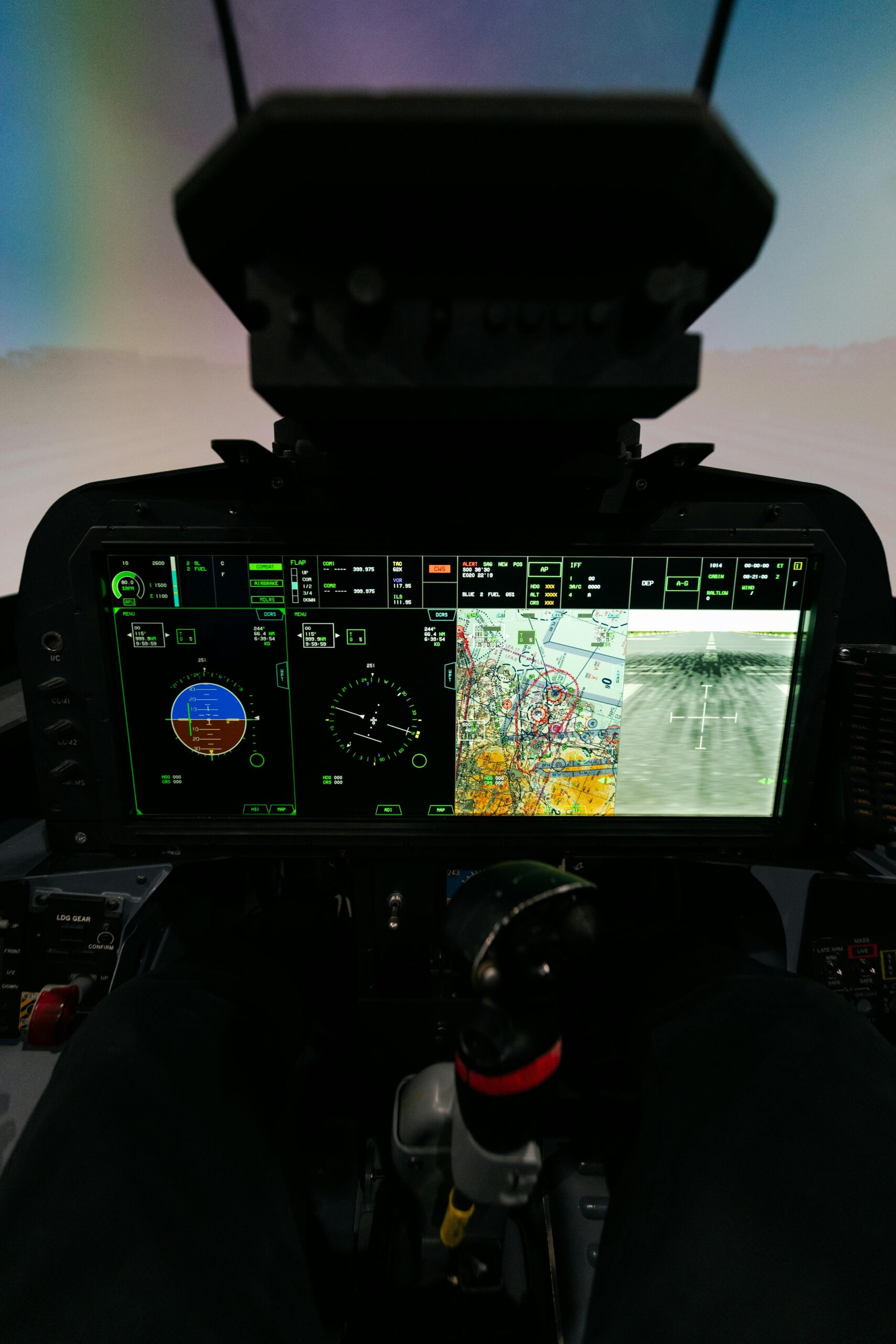 Digital cockpit screen with navigation and flight data for advanced training.